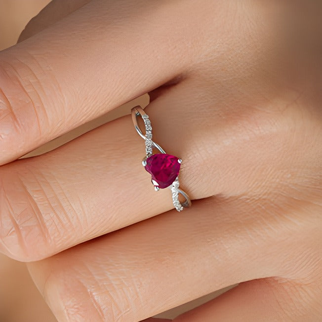 6.0mm Heart-Shaped Lab-Created Ruby and 0.05 CT. TW Diamond Twist Shank Ring in 10K White Gold