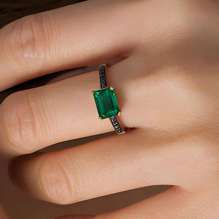 Emerald-Cut Lab-Created Emerald and 0.07 CT. TW Black Diamond Ring in 10K Rose Gold