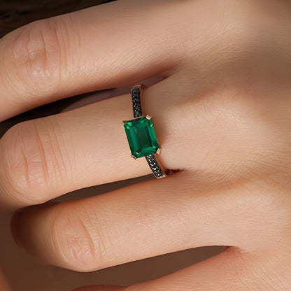 Emerald-Cut Lab-Created Emerald and 0.07 CT. TW Black Diamond Ring in 10K Rose Gold