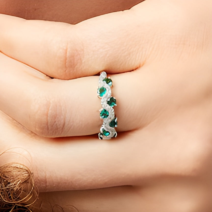 3.0mm Emerald and 0.17 CT. TW Diamond Staggered Wave Band in 14K White Gold
