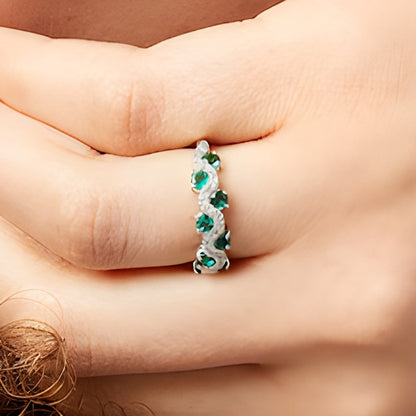 3.0mm Emerald and 0.17 CT. TW Diamond Staggered Wave Band in 14K White Gold