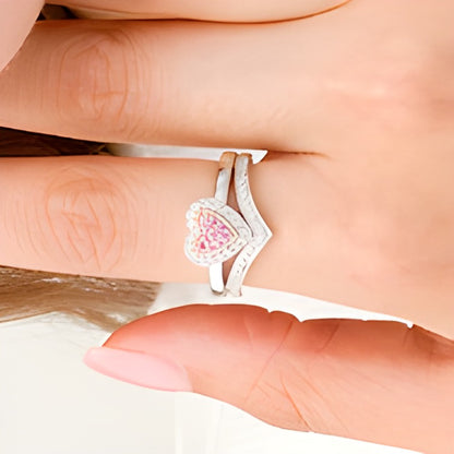 Composite Lab-Created Pink and White Sapphire Heart Frame Bridal Set in Sterling Silver and 10K Rose Gold