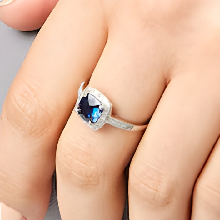 7.0mm Checkerboard Cushion-Cut Blue Lab-Created Sapphire and 0.2 CT. TW Diamond Frame Ring in 10K White Gold