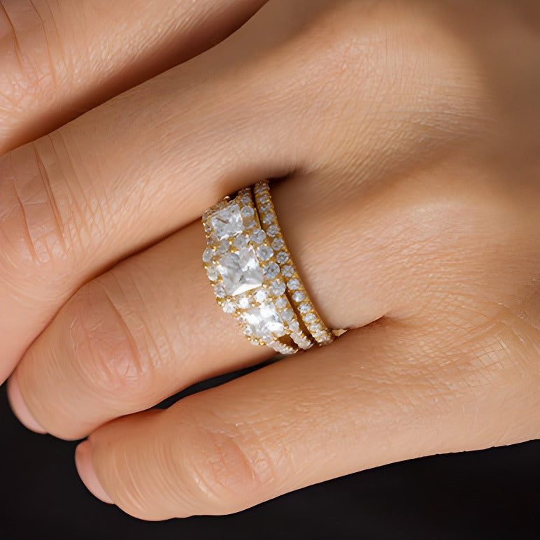 2.2 CT. TW Princess-Cut Diamond Three Stone Frame Bridal Set in 14K Gold