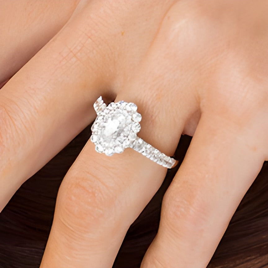 1.5 CT. TW Oval Diamond Double Scallop Frame Engagement Ring in 14K White Gold (I/SI2)