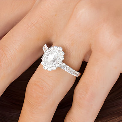 1.5 CT. TW Oval Diamond Double Scallop Frame Engagement Ring in 14K White Gold (I/SI2)