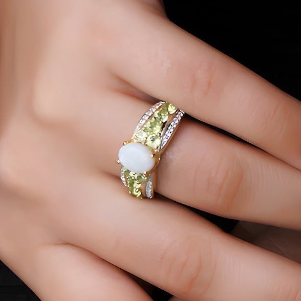 Oval Opal and Peridot with White Lab-Created Zircon Triple Row Tapered Shank Ring in Sterling Silver with 14K Gold Plate