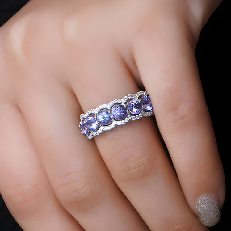4.0mm Tanzanite and White Lab-Created Zircon Scallop Border Seven Stone Ring in Sterling Silver