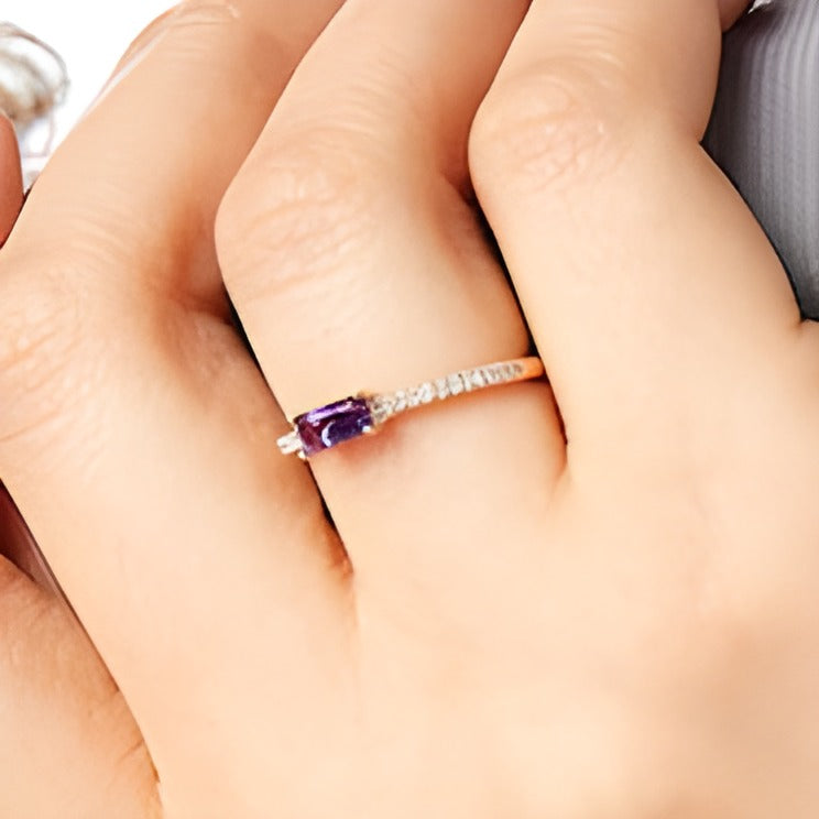 Sideways Baguette Amethyst and 0.1 CT. TW Diamond PavÃ© Ring in 10K Rose Gold