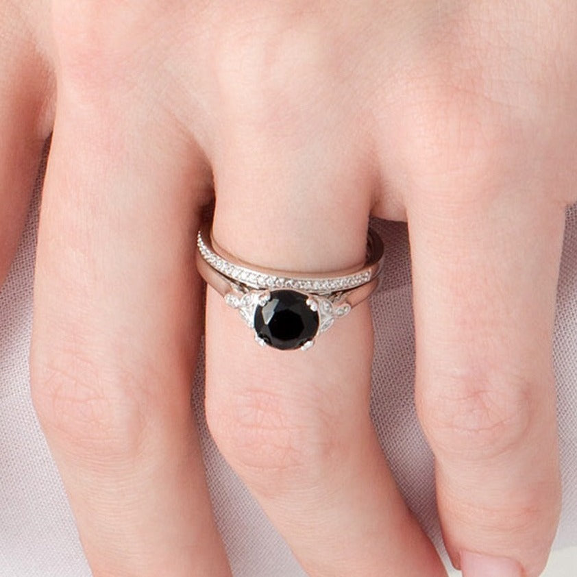8.0mm Black Sapphire and 0.1 CT. TW Diamond Leaf Sides Bridal Set in 10K White Gold