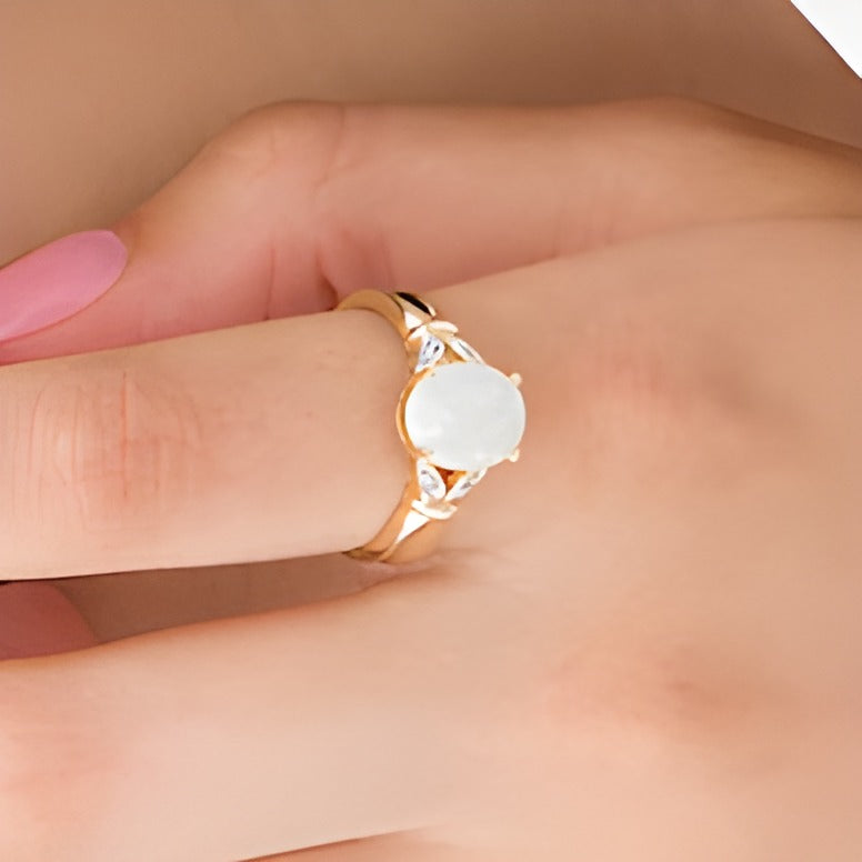 Oval Lab-Created Opal and Diamond Accent Leaf Split Shank Ring in 10K Gold