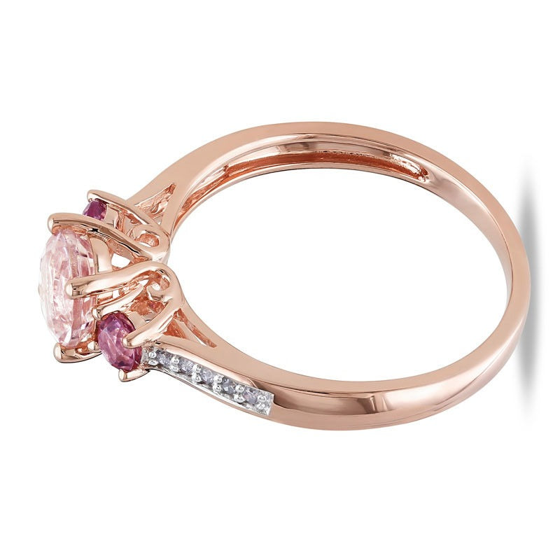 6.0mm Morganite, Pink Tourmaline and Diamond Accent Three Stone Ring in 10K Rose Gold