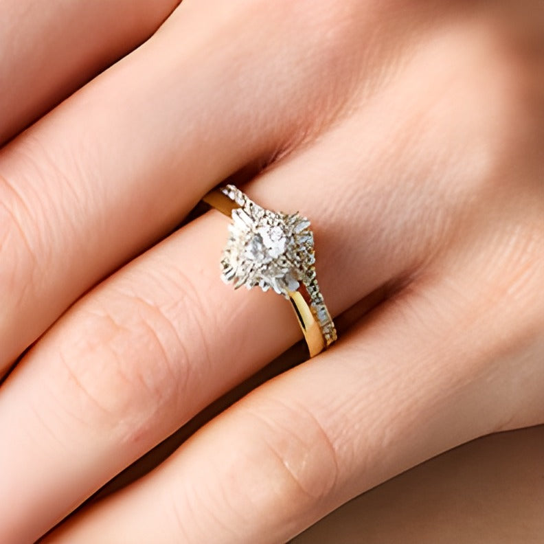 0.75 CT. TW Oval Diamond Double Sunburst Frame Bridal Set in 14K Gold