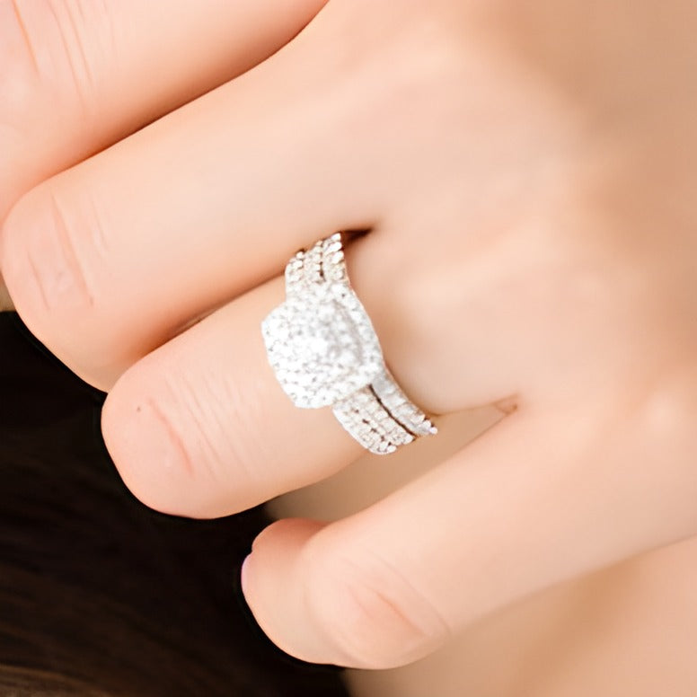 1.5 CT. TW Diamond Double Cushion Frame Three Piece Bridal Set in 10K White Gold