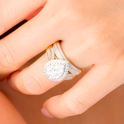 1.5 CT. TW Pear-Shaped Multi-Diamond Frame Multi-Row Bridal Set in 10K Gold