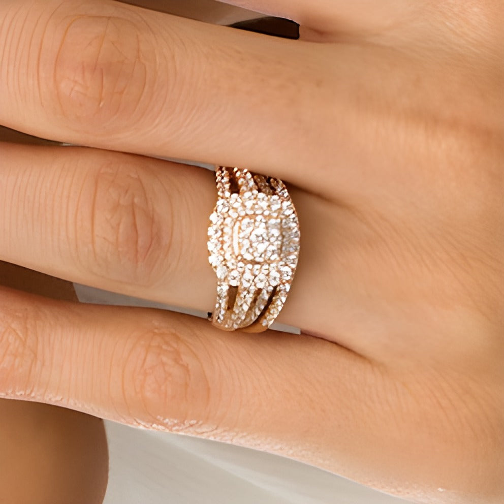 1.13 CT. TW Cushion-Shape Multi-Diamond Frame Split Shank Multi-Row Bridal Set in 10K Rose Gold