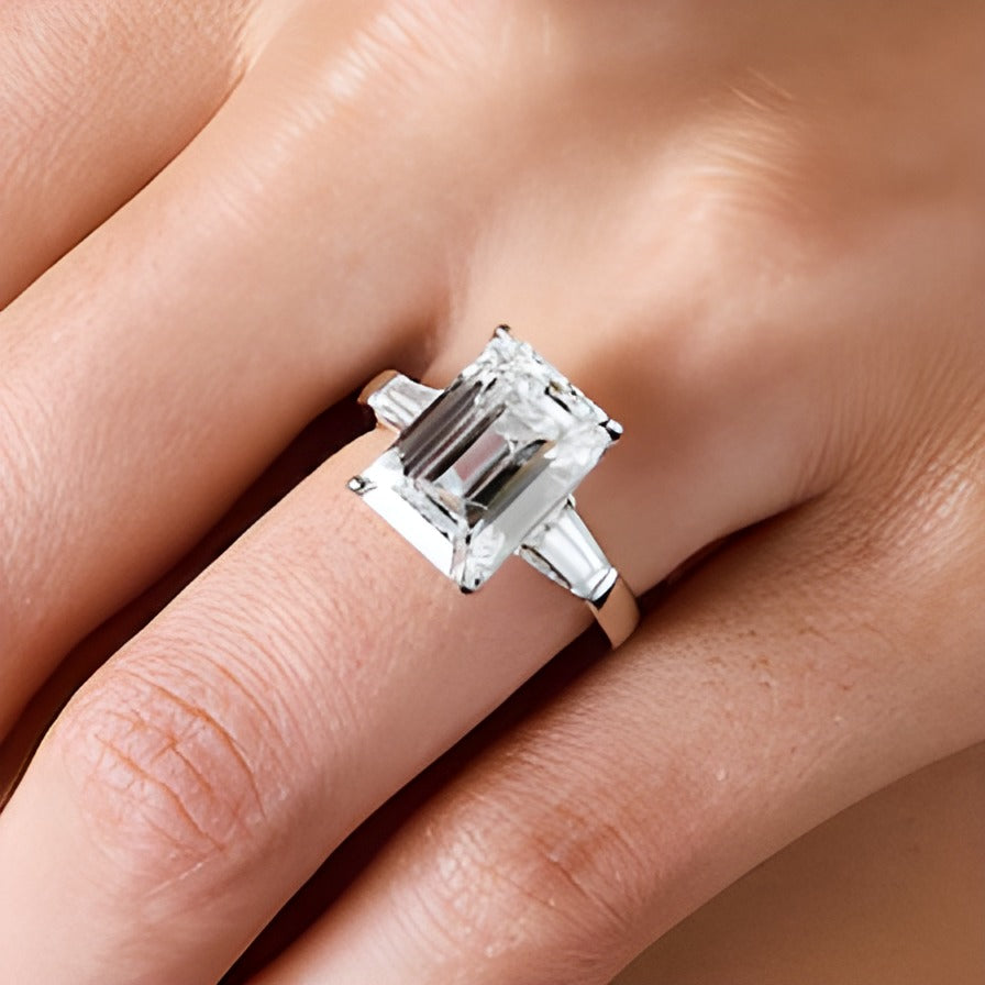 8.75 CT. TW Emerald-Cut Lab-Grown Diamond Three-Stone Hidden Frame Engagement Ring in 14K White Gold (F/VS2)
