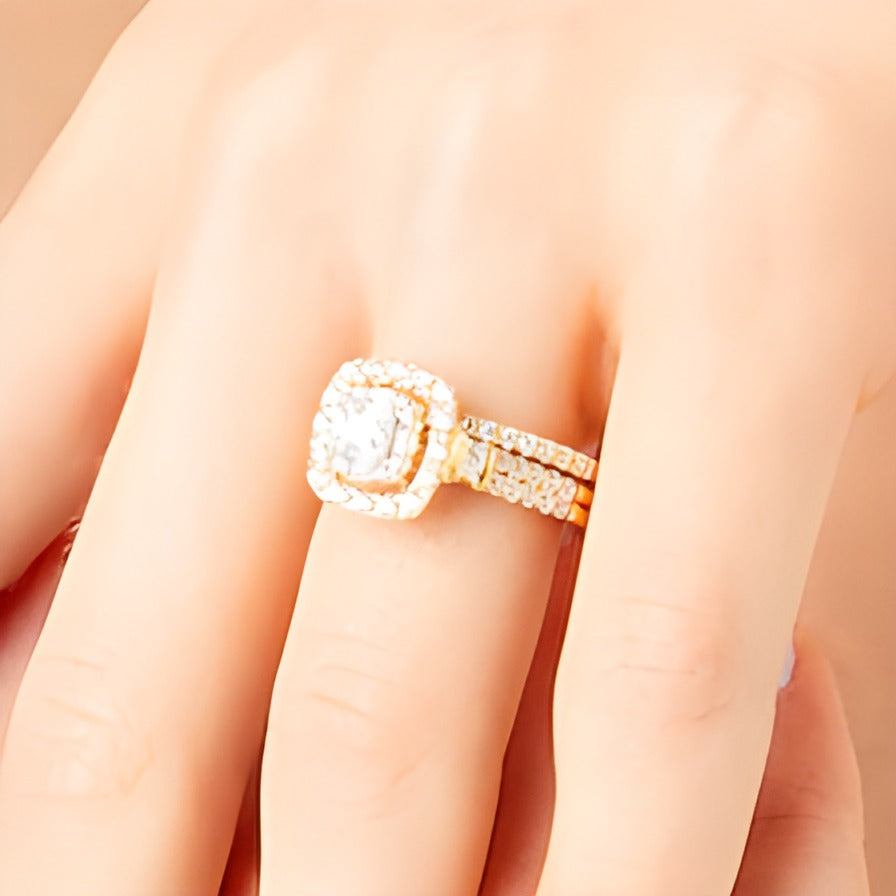 1.0 CT. TW Princess-Cut Diamond Cushion Frame Double Row Bridal Set in 10K Gold