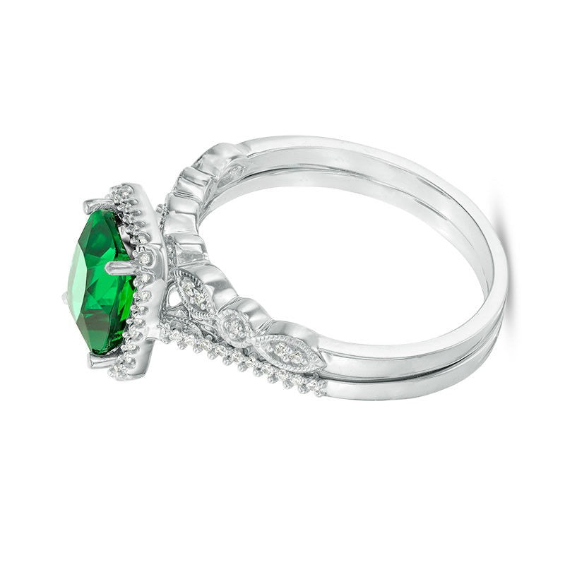 Cushion-Cut Lab-Created Emerald and 0.2 CT. TW Diamond Octagon Frame Vintage-Style Bridal Set in Sterling Silver