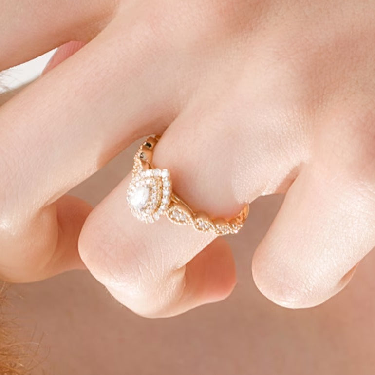 0.38 CT. TW Pear-Shaped Diamond Double Frame Art Deco Vintage-Style Engagement Ring in 10K Gold