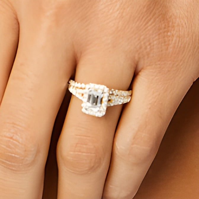 1.88 CT. TW Emerald-Cut Lab-Grown Diamond Frame Split Shank Bridal Set in 14K Gold (I/SI2)