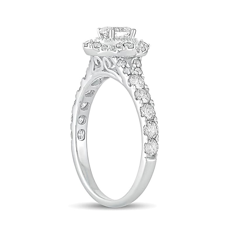 1.0 CT. TW Oval Diamond Scallop Frame Vintage-Style Engagement Ring in 14K White Gold