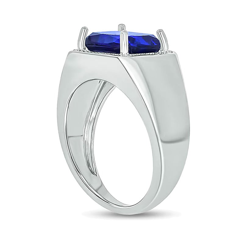 Sideways Emerald-Cut Blue Lab-Created Sapphire and 0.1 CT. TW Diamond Frame Ring in Sterling Silver
