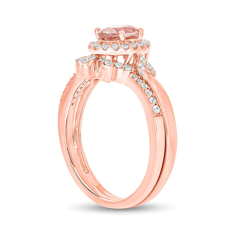 Oval Morganite and 0.33 CT. TW Diamond Frame and Collar Crown Bridal Set in 10K Rose Gold