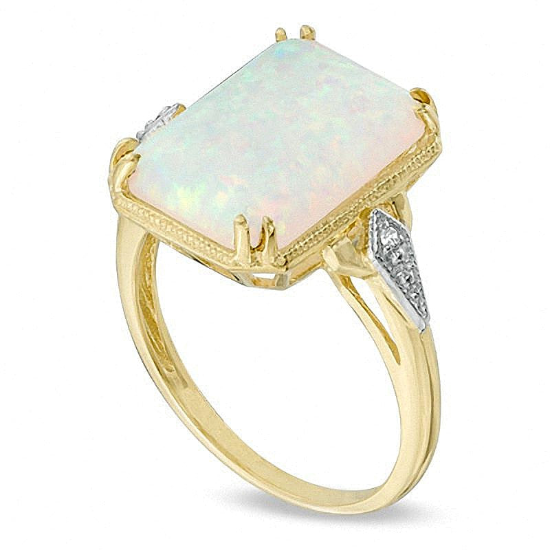 Rectangular Lab-Created Opal and Diamond Accent Ring in 10K Gold