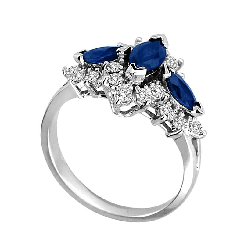Marquise-Cut Blue Sapphire and 0.5 CT. TW Diamond Three Stone Ring in 14K White Gold