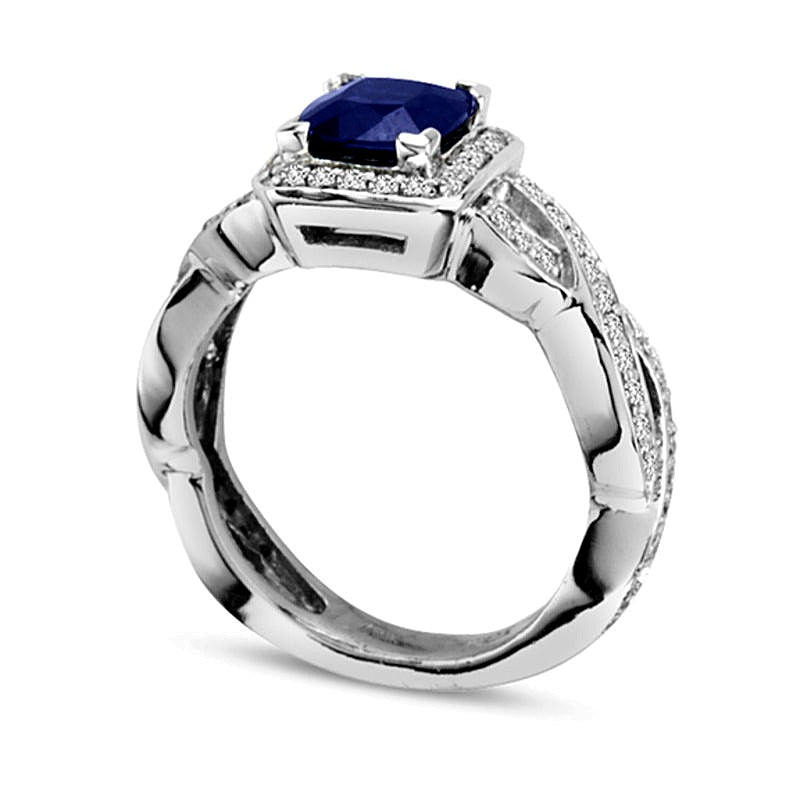 6.0mm Cushion-Cut Blue Sapphire and 0.38 CT. TW Diamond Frame Engagement Ring in 14K White Gold