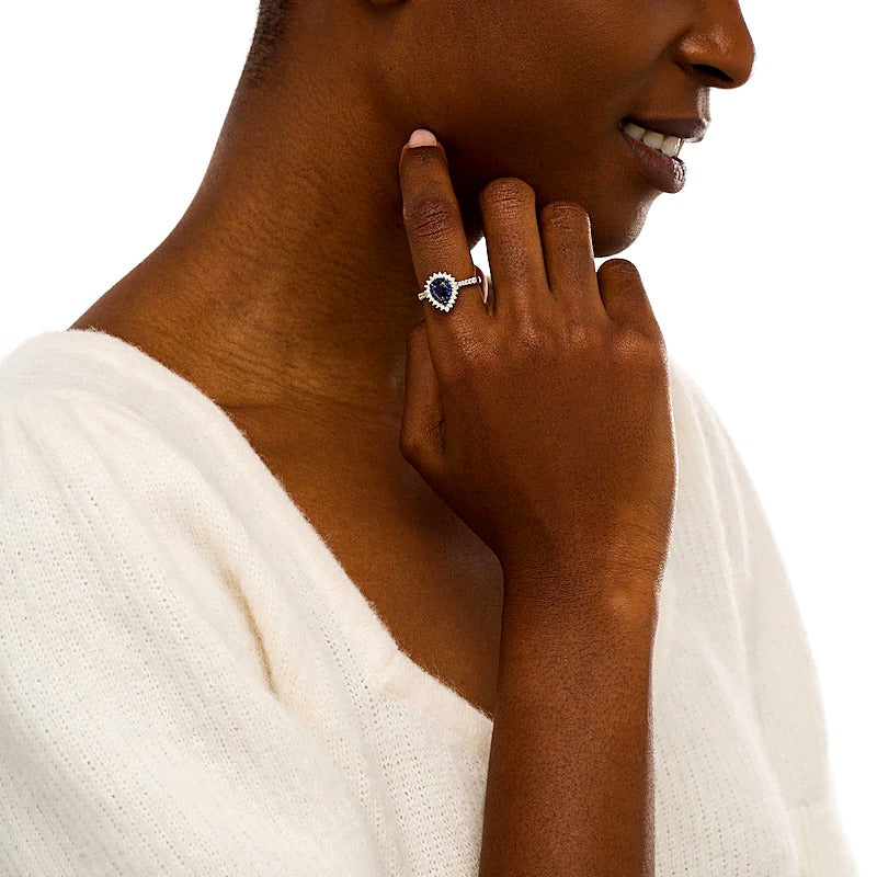 Pear-Shaped Blue Sapphire and 0.33 CT. TW Diamond Frame Ring in 10K White Gold