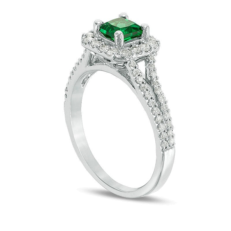 Princess-Cut Lab-Created Emerald, White Sapphire and 0.25 CT. TW Diamond Frame Engagement Ring in Sterling Silver