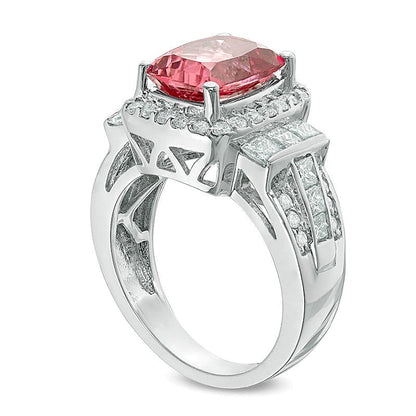Cushion-Cut Pink Tourmaline and 1.25 CT. TW Diamond Frame Collar Ring in 14K White Gold