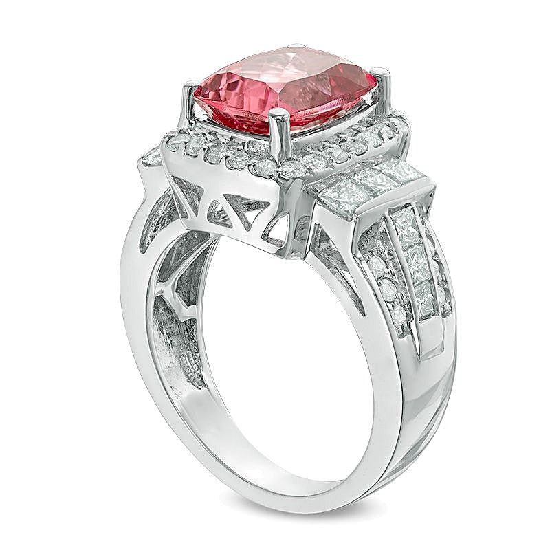 Cushion-Cut Pink Tourmaline and 1.25 CT. TW Diamond Frame Collar Ring in 14K White Gold
