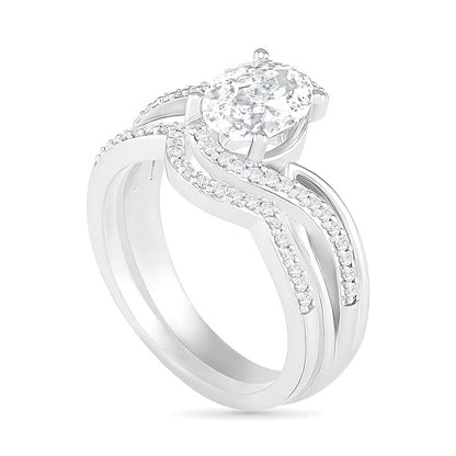 Oval Lab-Created White Sapphire Crossover Bypass Split Shank Bridal Set in Sterling Silver