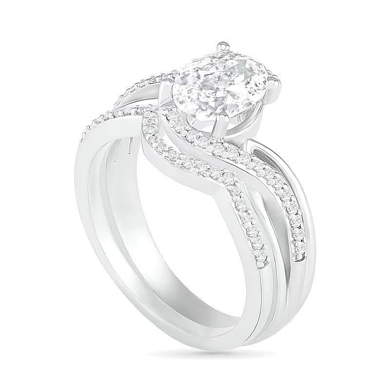 Oval Lab-Created White Sapphire Crossover Bypass Split Shank Bridal Set in Sterling Silver