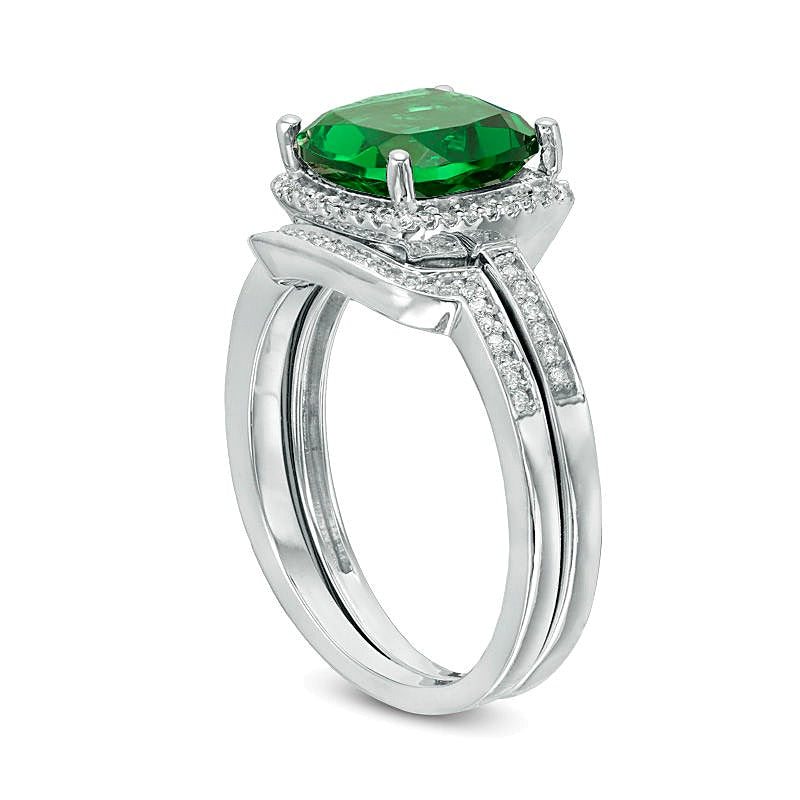 9.0mm Cushion-Cut Lab-Created Emerald and 0.2 CT. TW Diamond Frame Bridal Set in 10K White Gold