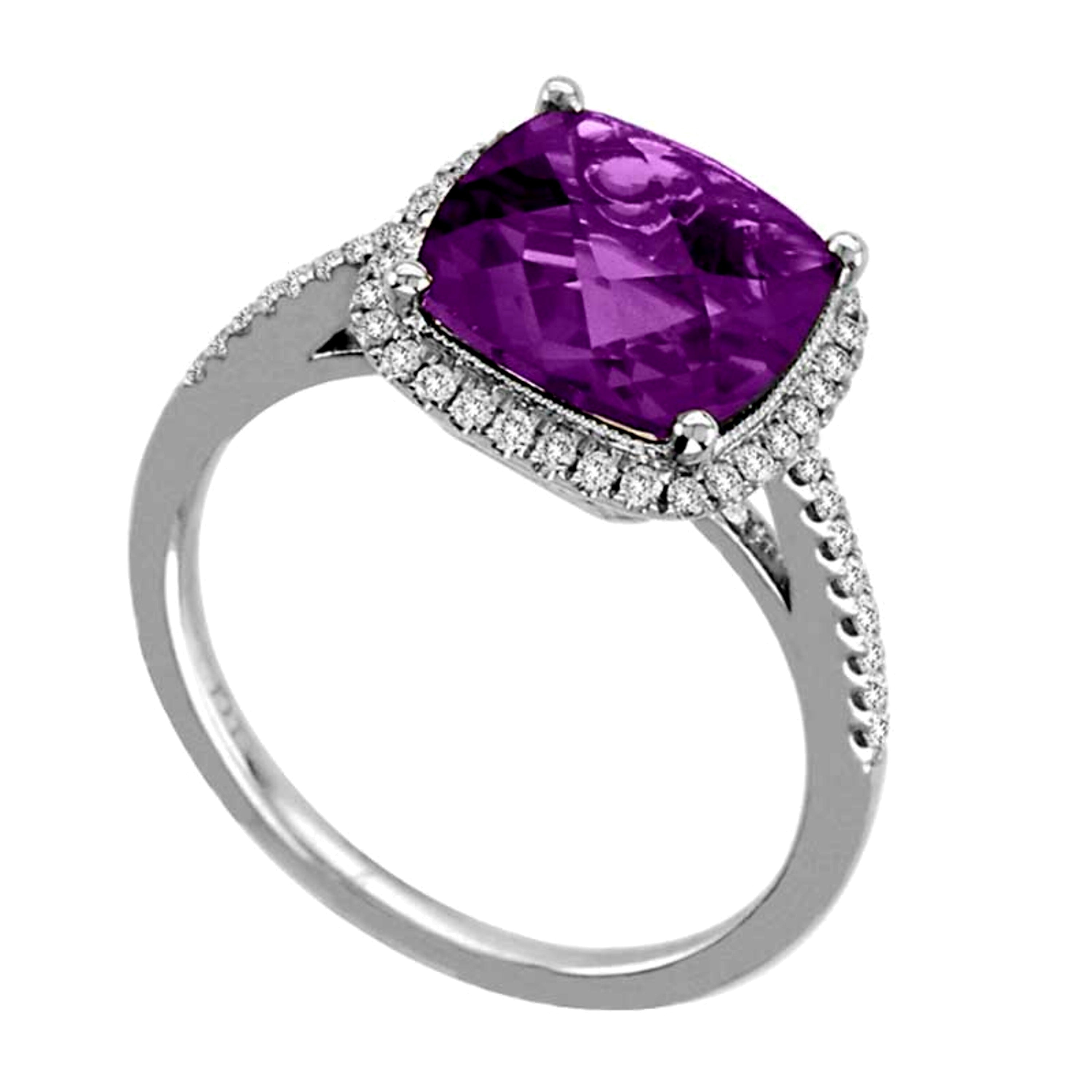 9.0mm Cushion-Cut Amethyst and 0.25 CT. TW Diamond Ring in 14K White Gold