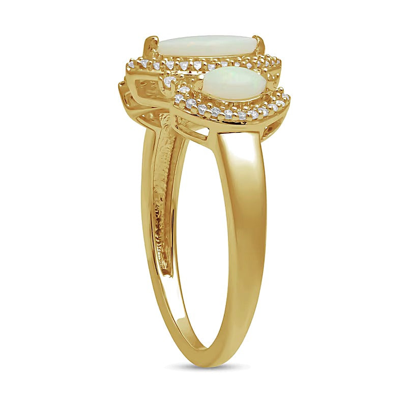 Marquise-Cut Lab-Created Opal and 0.2 CT. TW Diamond Frame Three Stone Ring in 10K Gold