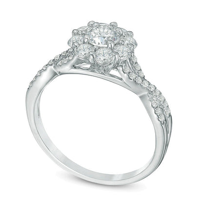 0.88 CT. TW Diamond Flower Frame Twist Engagement Ring in 14K White Gold
