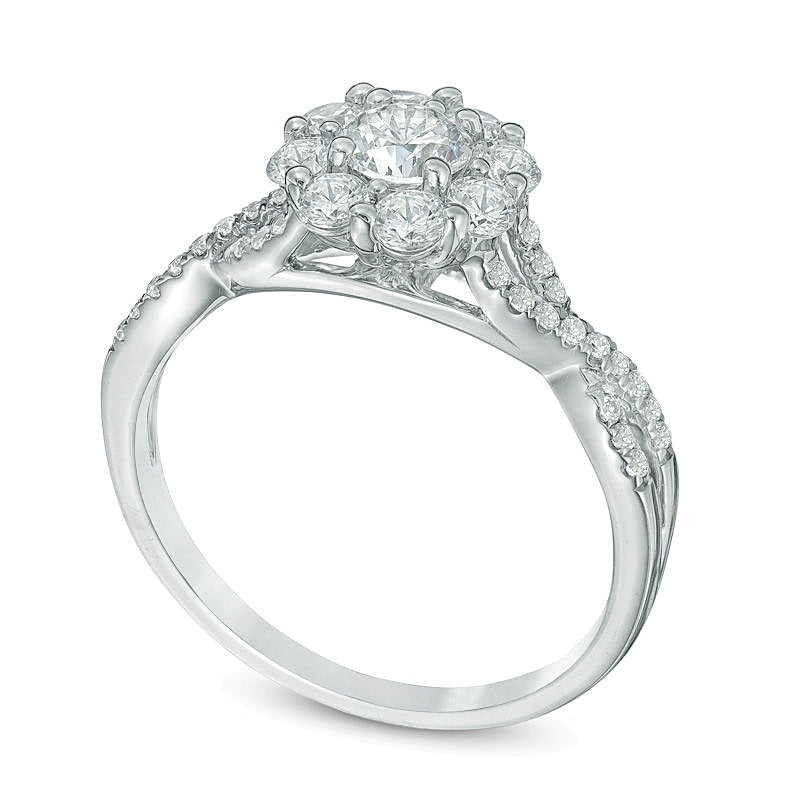 0.88 CT. TW Diamond Flower Frame Twist Engagement Ring in 14K White Gold