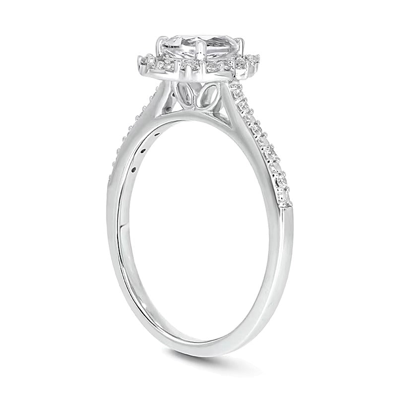 Pear-Shaped White Lab-Created Sapphire and 0.2 CT. TW Diamond Pointed Frame Engagement Ring in 10K White Gold