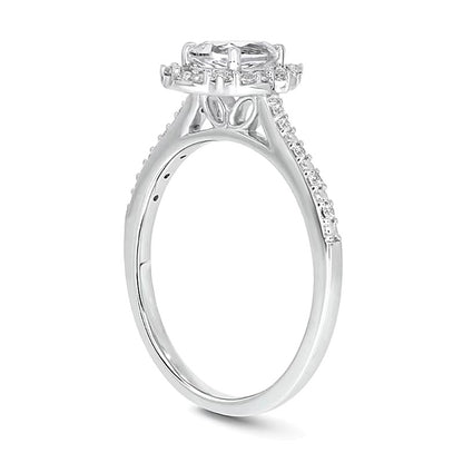 Pear-Shaped White Lab-Created Sapphire and 0.2 CT. TW Diamond Pointed Frame Engagement Ring in 10K White Gold