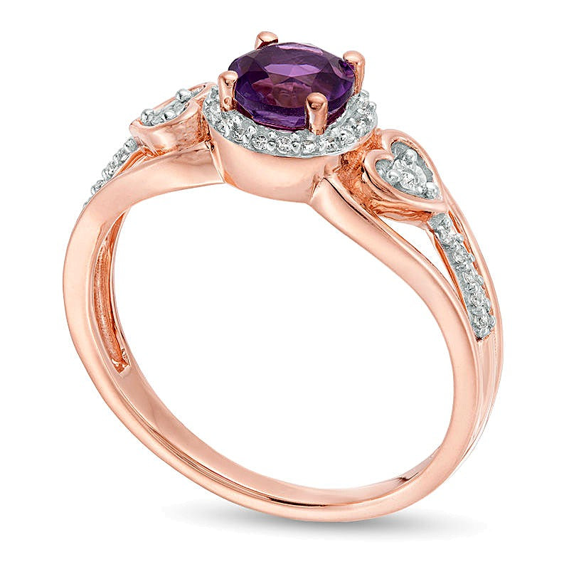 5.0mm Amethyst and 0.1 CT. TW Diamond Frame Heart Side Accent Split Shank Promise Ring in 10K Rose Gold