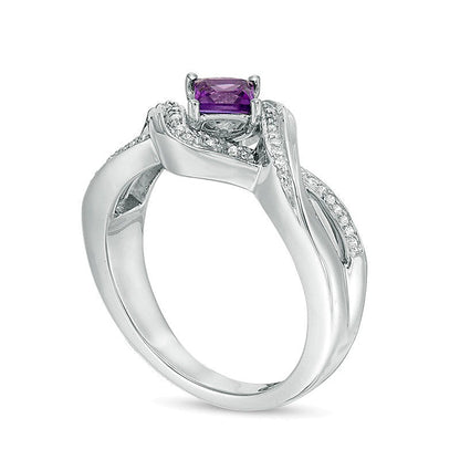 4.0mm Princess-Cut Amethyst and 0.1 CT. TW Diamond Split Shank Ring in Sterling Silver