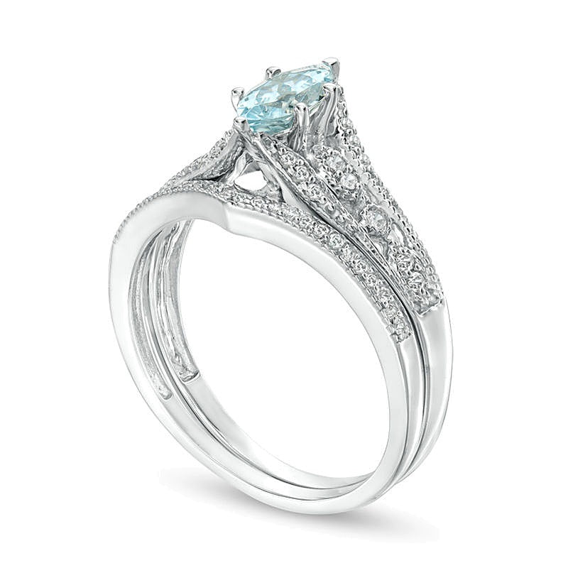 Marquise Aquamarine and 0.2 CT. TW Diamond Vintage-Style Bridal Set in 10K White Gold