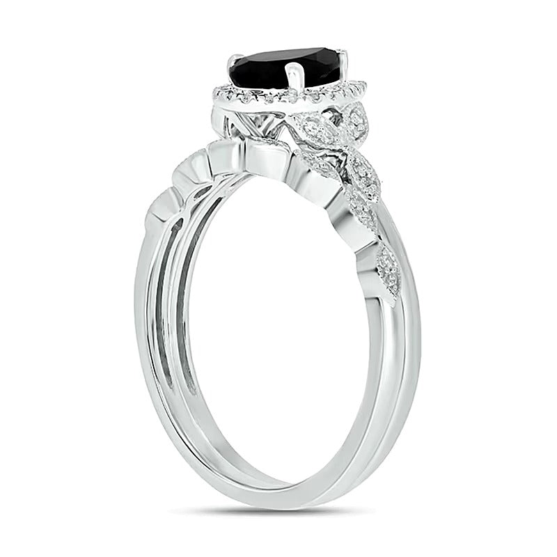 Pear-Shaped Black Sapphire and 0.17 CT. TW Diamond Frame Leaf-Sides Vintage-Style Bridal Set in 10K White Gold