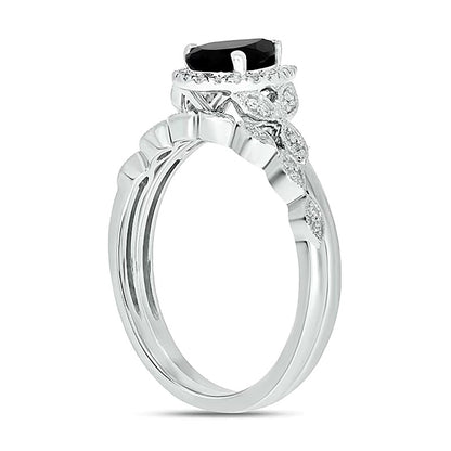 Pear-Shaped Black Sapphire and 0.17 CT. TW Diamond Frame Leaf-Sides Vintage-Style Bridal Set in 10K White Gold