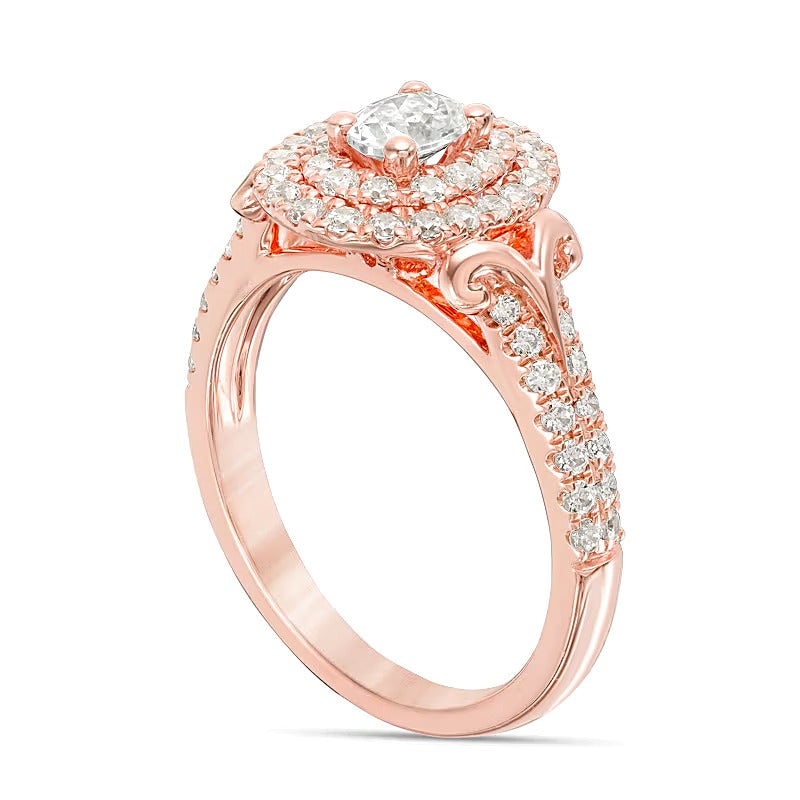 1.0 CT. TW Oval Diamond Double Frame V-Sides Engagement Ring in 14K Rose Gold